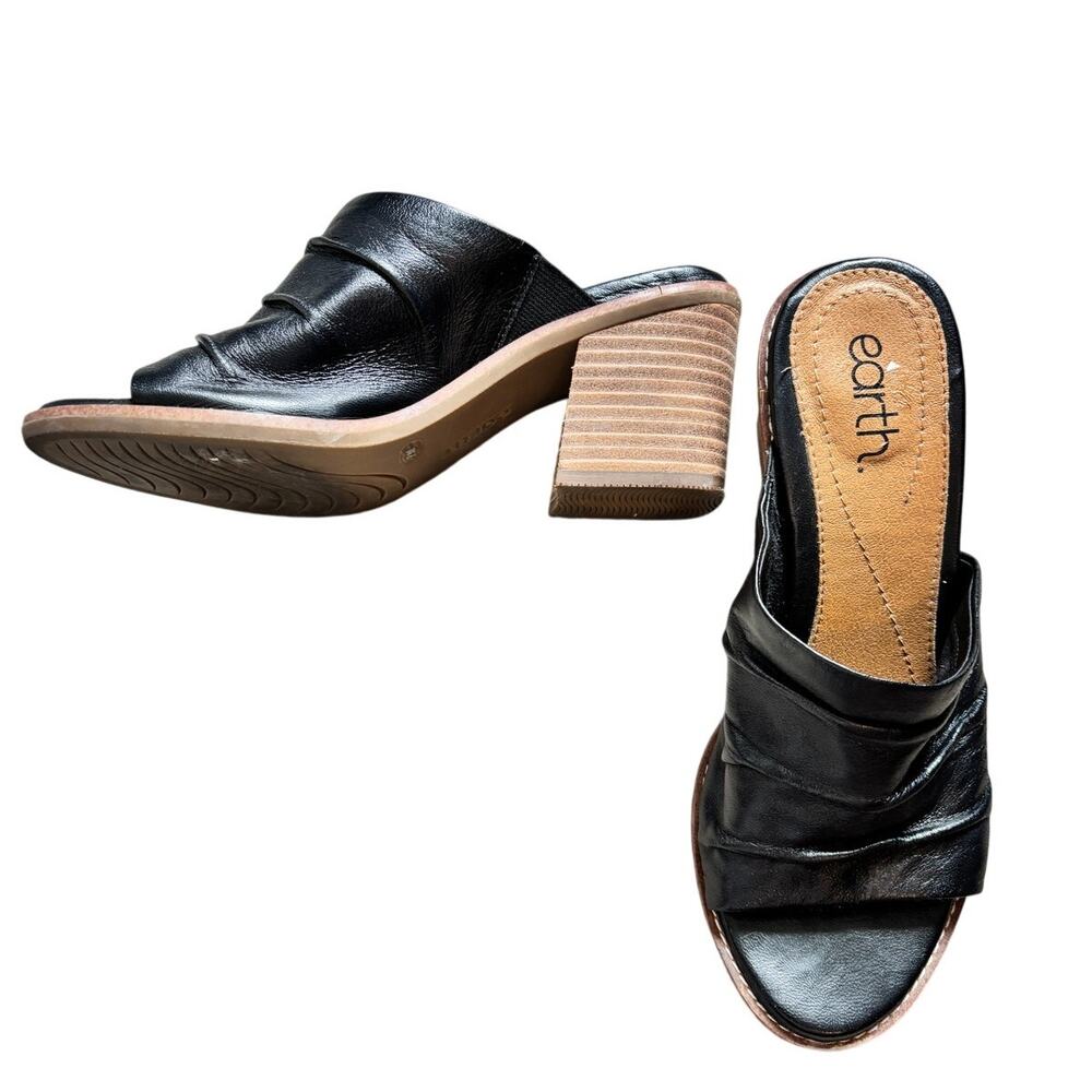 Earth Origins Leather Mule Sandals Black Block Heel Comfort Womens 7